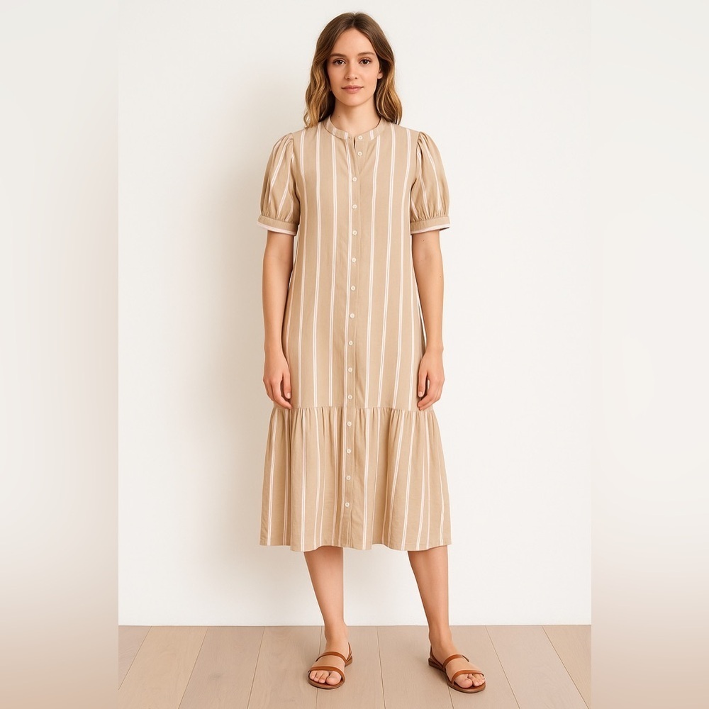 ICHI Striped Puff Sleeve Button-Front Dress - Size 38